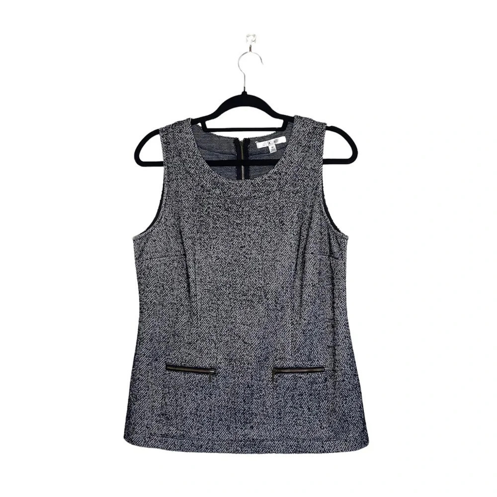 CAbi CeCe Shell Dark Gray Herringbone Tweed Zip Pocket Knit Tank Top Medium